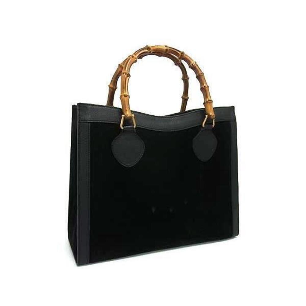 GUCCI Bamboo Suede Leather Handbag Tote Bag Black